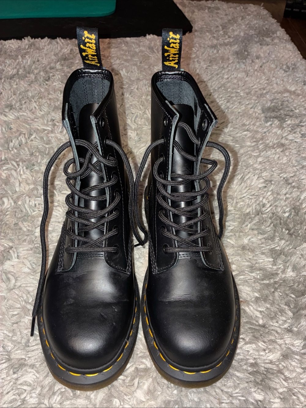 Dr. Martens Black Leather Lace-Up Boots with Yellow Stitching Sz 7